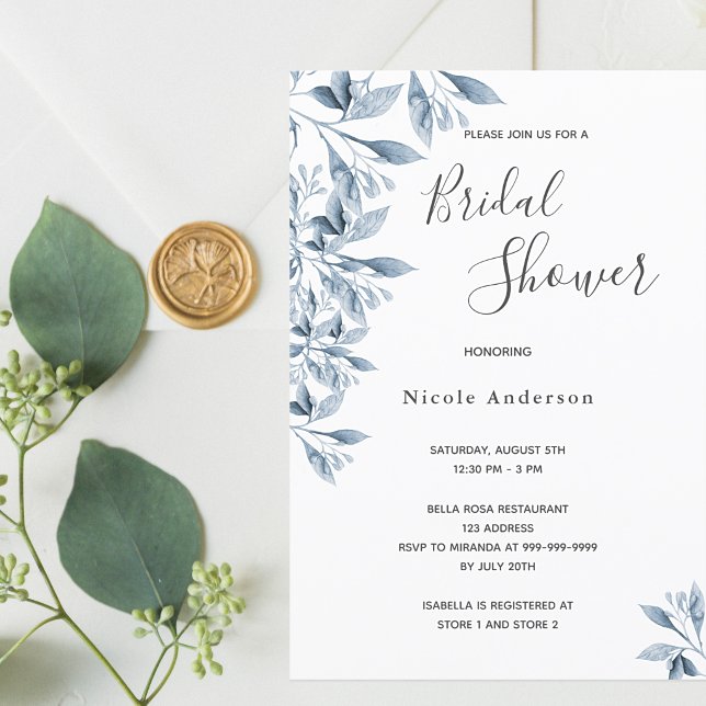 Blue white botanical script Bridal Shower Invitation