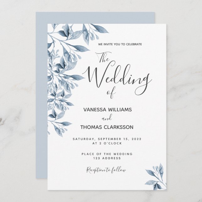 Blue white botanical script wedding invitation (Front/Back)