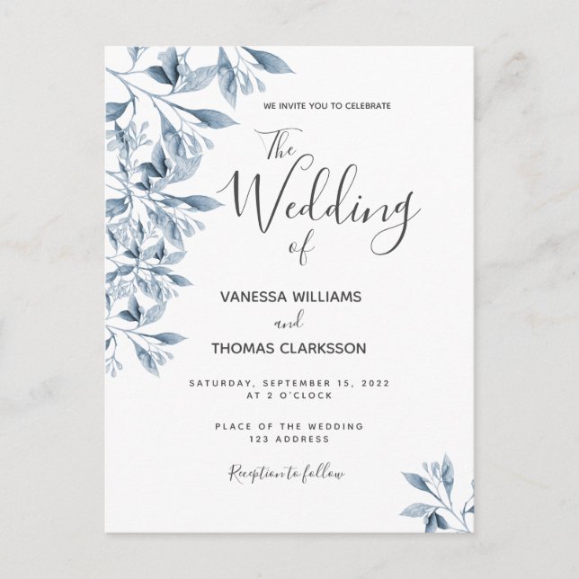 Blue white botanical script wedding invitation postcard (Front)