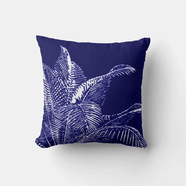 Blue & White Botanical | Tropical Palm Throw Pillow (Front)