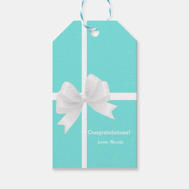 Blue & White Bow Wedding Bridal Gift Tag (Front)