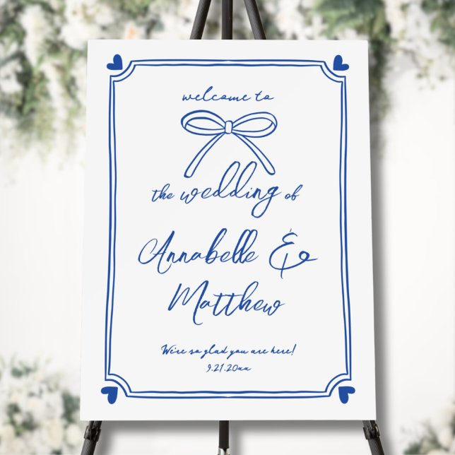 Blue White Bow Whimsical Wedding Welcome Sign (Blue White Bow Whimsical Wedding Welcome Sign)