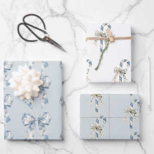Blue White Bows Candy Canes Christmas Wrapping Paper Sheets