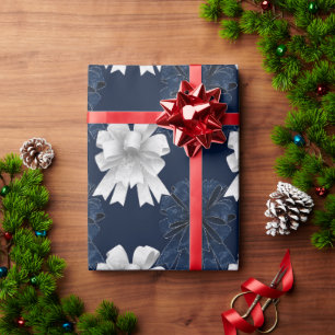Blue White Bows Holiday Christmas Wrapping Paper