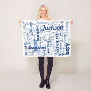 Blue & White Boy Baby's Names PatternTypography Fleece Blanket