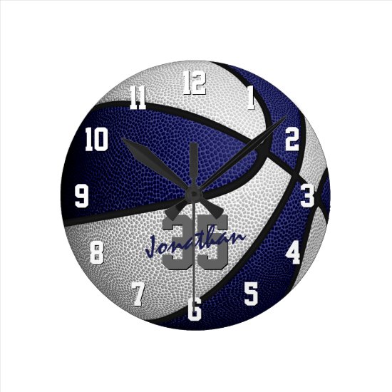blue white boys girls basketball personalized round clock