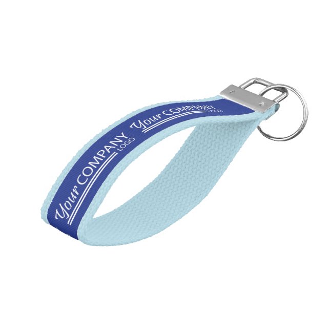 Blue, White Branded Company Logo  Wrist Keychain (Angled Up)