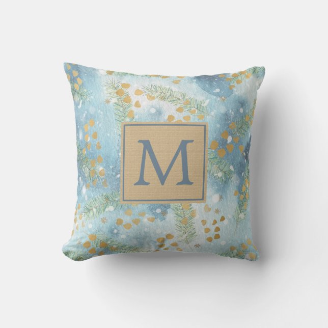Blue White Brown Christmas Holiday Monogram  Throw Pillow (Front)