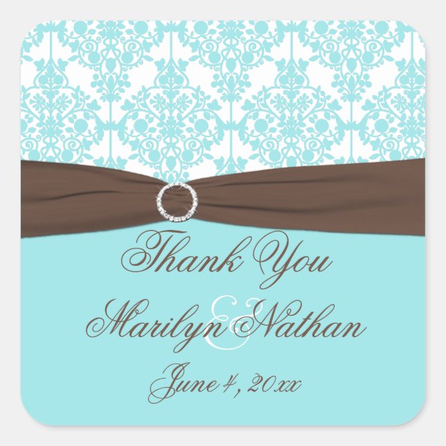 Blue, White, Brown Damask Wedding Favor Sticker (Front)