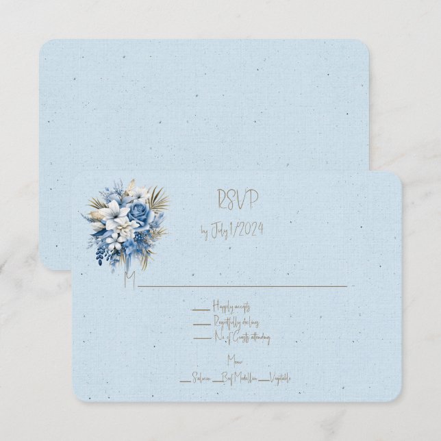Blue White Brown Floral Wedding Bouquet RSVP Card (Front/Back)