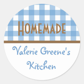 Blue white brown gingham homemade food label seal