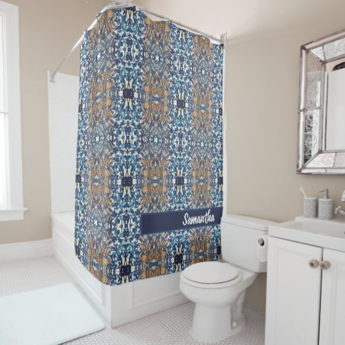 Blue white brown loft style ceramic tile pattern shower curtain