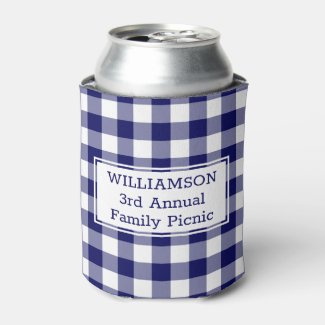 Blue White Buffalo Check Custom Name Family Picnic Can Cooler