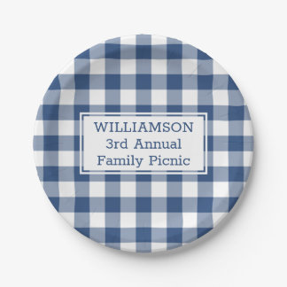 Blue White Buffalo Check Custom Name Family Picnic Paper Plates