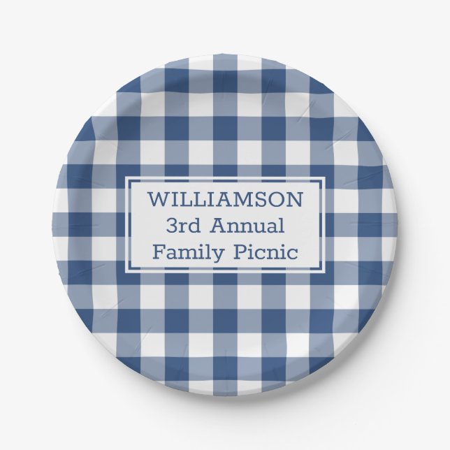 Blue White Buffalo Check Custom Name Family Picnic Paper Plates (Front)