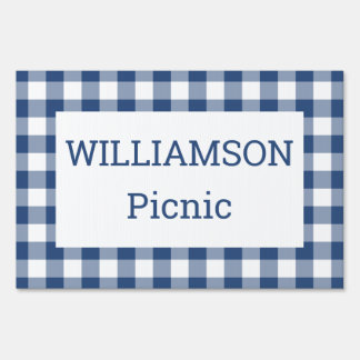 Blue White Buffalo Check Custom Name Picnic Party Sign
