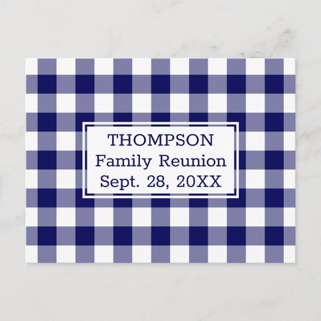 Blue White Buffalo Check Name Family Reunion Party Invitation Postcard (Front)