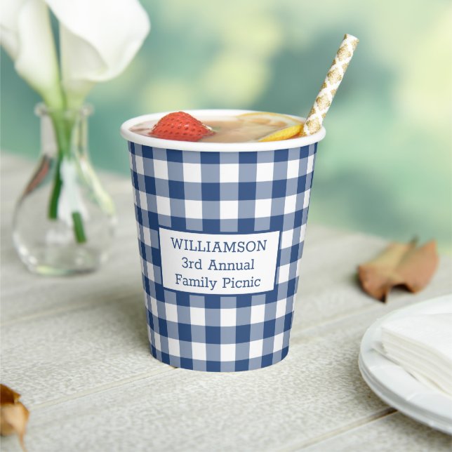 Blue White Buffalo Check Your Name Family Picnic Paper Cups (Insitu)