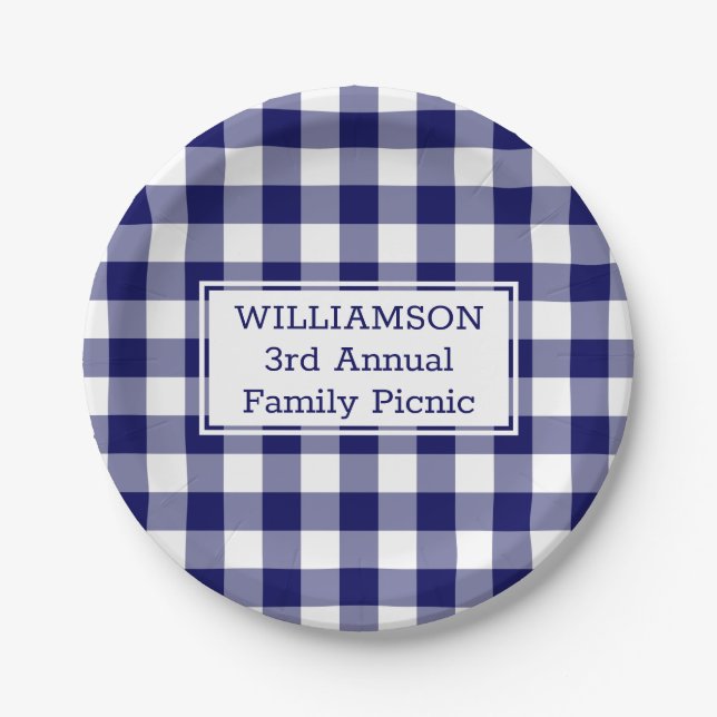 Blue White Buffalo Check Your Name Family Picnic Paper Plates (Front)
