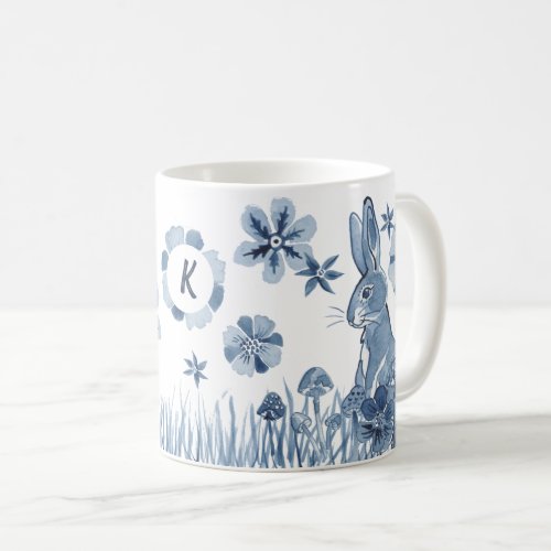 Blue  White Bunny Flowers Monogram Easter Rabbit Coffee Mug