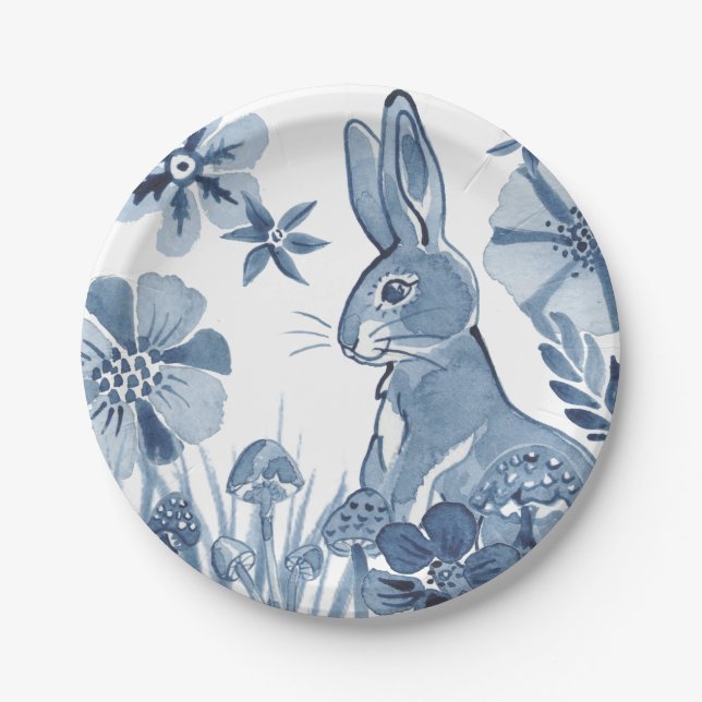 Blue & White Bunny Flowers Mushrooms Easter Rabbit Paper Plates (Front)