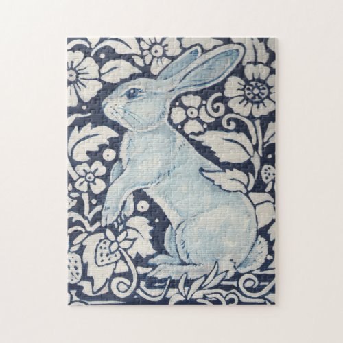 Blue  White Bunny Rabbit and Flowers Monochrome Jigsaw Puzzle