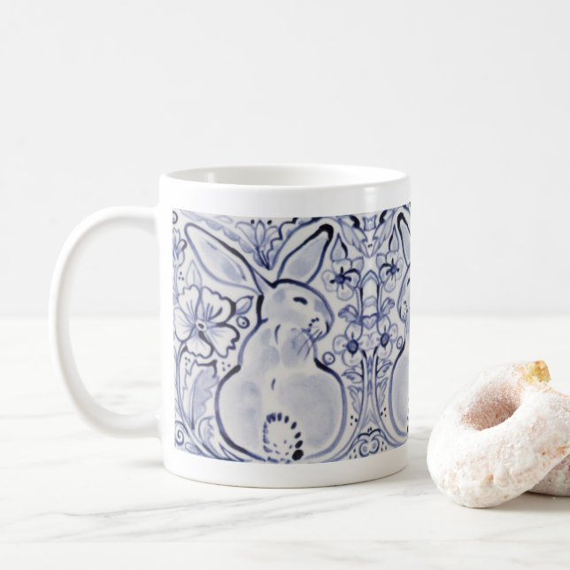 Blue & White Bunny Rabbit Art Floral Spring Easter Coffee Mug (With Donut)
