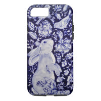 Blue White Bunny Rabbit Birds Floral Chinoiserie