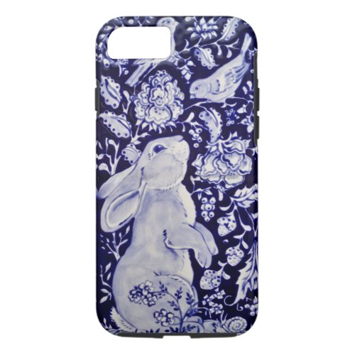 Blue White Bunny Rabbit Birds Floral Chinoiserie iPhone 87 Case