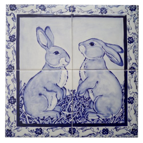 Blue  White Bunny Rabbit Dedham Delft Whimsical Ceramic Tile