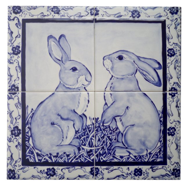 Blue & White Bunny Rabbit Dedham Delft Whimsical Ceramic Tile (Front)