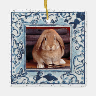 Blue  & White Bunny Rabbit Delft Dedham Pet Photo Ceramic Ornament