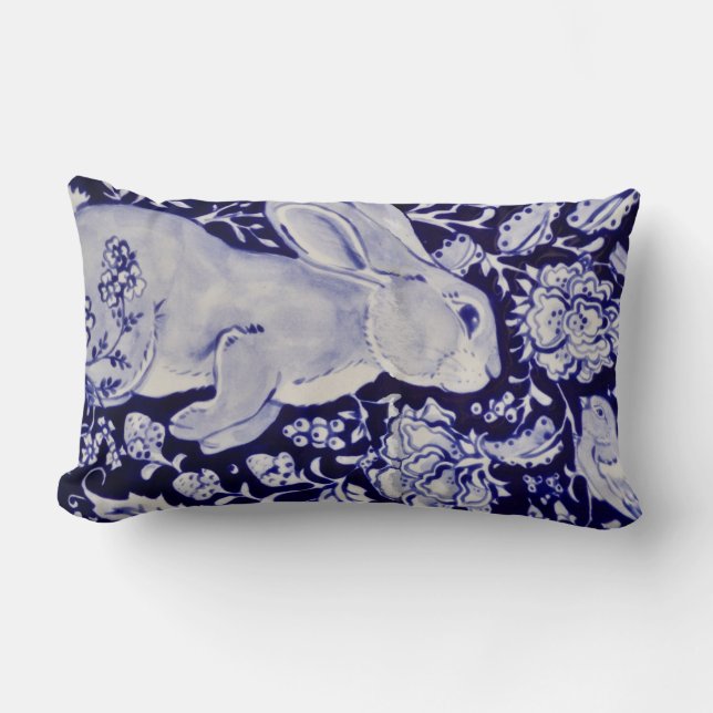 Blue & White Bunny Rabbit Floral Easter Bird Lumbar Pillow (Front)