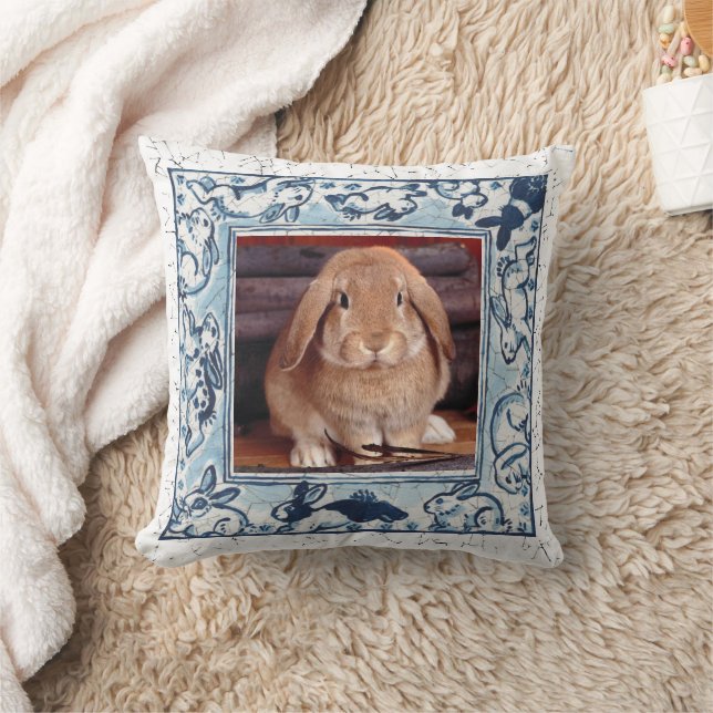Blue & White Bunny Rabbit Pet Photo Dedham Delft Throw Pillow (Blanket)