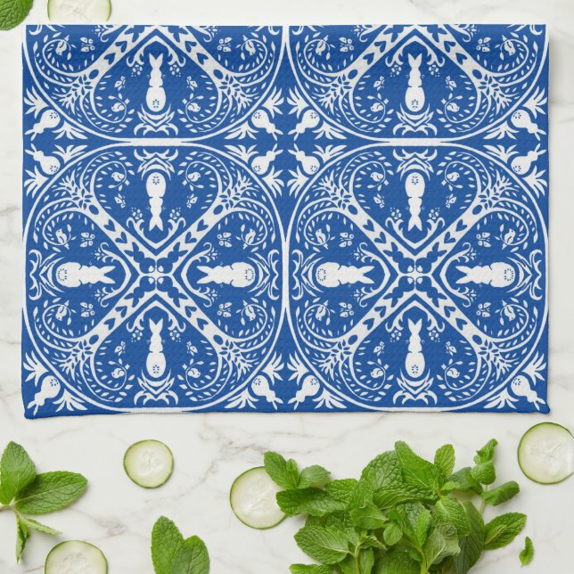 Blue + White Bunny Rabbit Whimsical Tile Pattern Kitchen Towel (Folded)