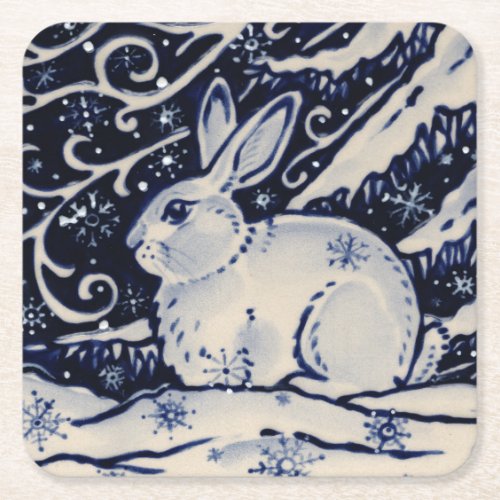 Blue  White Bunny Rabbit Winter Snow Christmas Square Paper Coaster