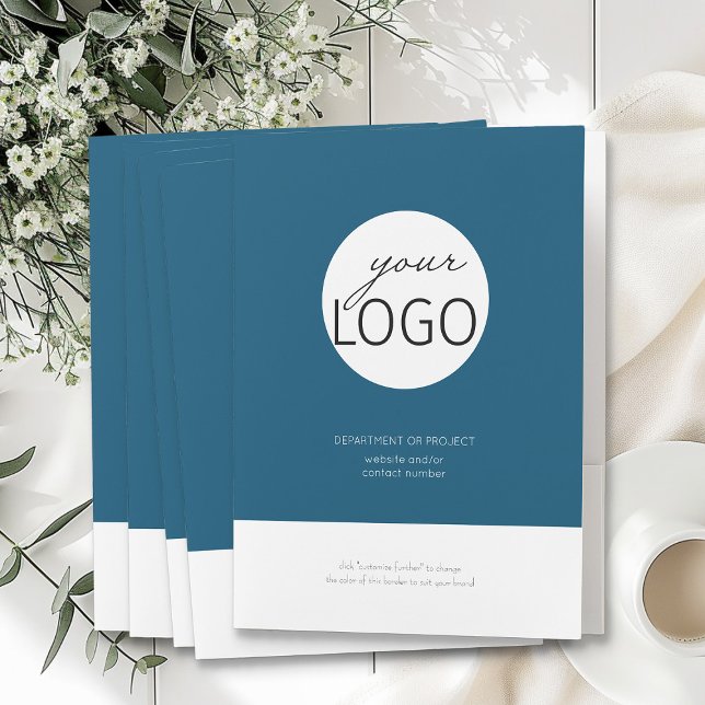 Blue & White Business Logo Custom Border and Text  Pocket Folder (Logo Branded Pocket Folders by Busy Business Bee)
