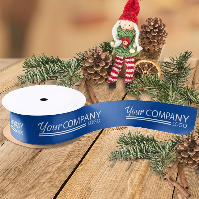 Blue White Business Logo Holiday Christmas Branded Satin Ribbon (blue ribbon with white business logo, blue company holiday christmas gift ribbon)