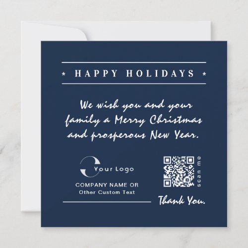 Blue White Business Logo QR code Christmas Simple Holiday Card