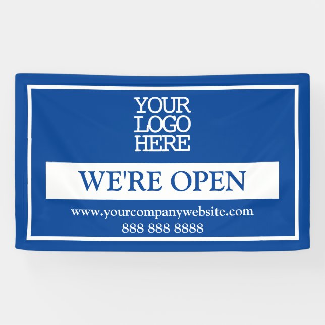 Blue White Business Logo We're Open Banner (Horizontal)