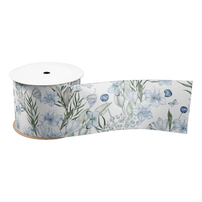 Blue White Butterfly Watercolor Floral Pattern Satin Ribbon (Spool)