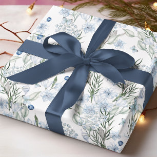 Blue White Butterfly Watercolor Floral Pattern Wrapping Paper