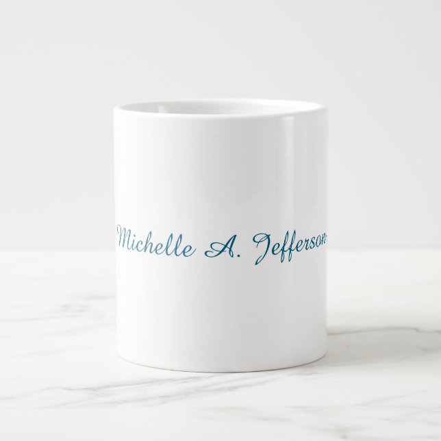 Blue & White Calligraphy Elegant Chic Modern Giant Coffee Mug (Front)