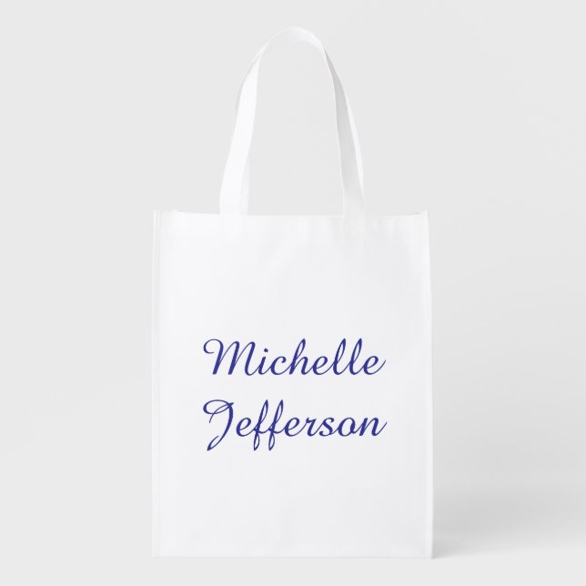 Blue & White Calligraphy Elegant Chic Modern Grocery Bag (Front)
