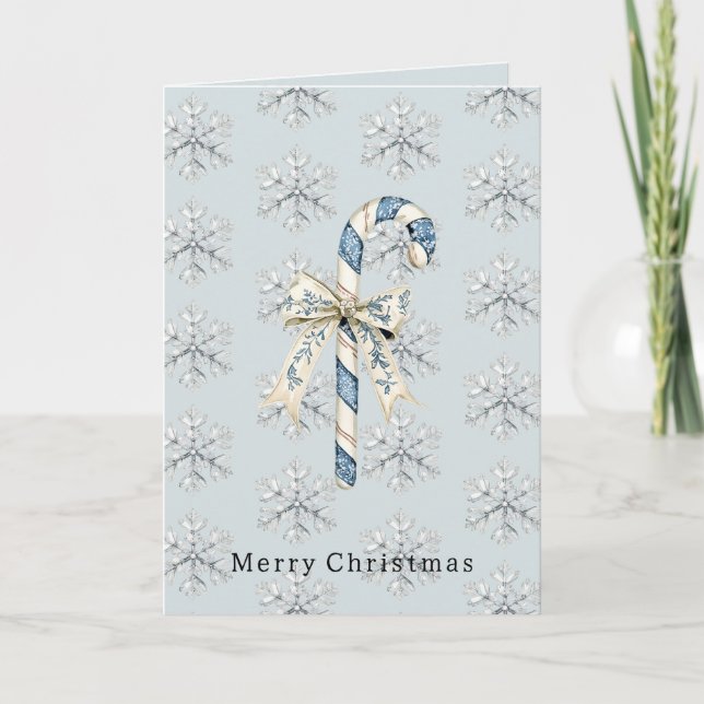Blue White Candy Canes Bows Christmas Card (Front)