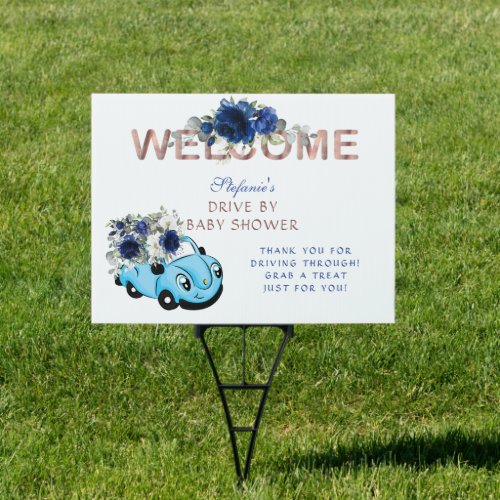 Blue White Car Floral Boy Baby Shower Drive By  Sign