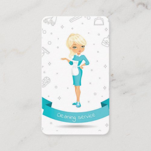 Blue  White Cartoon Maid House Cleaning Service Business Card