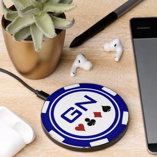 Blue White Casino Poker Chip With Monogram Wireless Charger