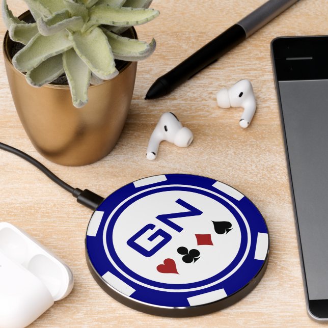 Blue White Casino Poker Chip With Monogram Wireless Charger (Desk 2)
