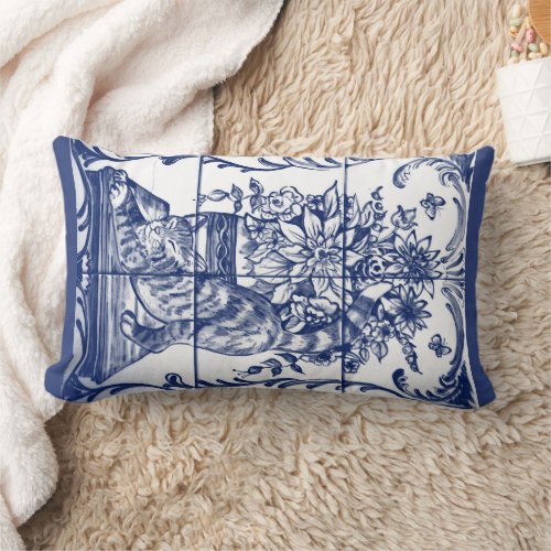Blue White Cat Antique Floral Pottery Vintage Tile Lumbar Pillow